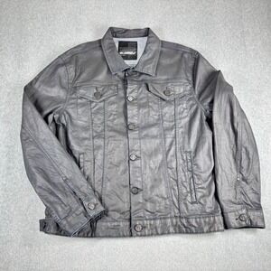 William Rast Denim Jacket Men's XL Black Waxed Biker Jean Button Raw Trucker